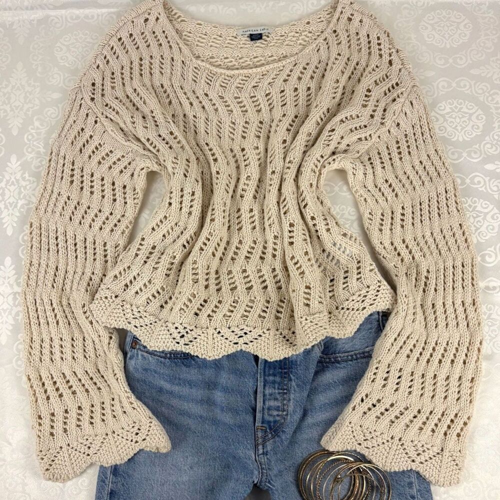 American Eagle Sweater Chunky Open Knit Bell Sleeve Ivory Crochet Boho Medium